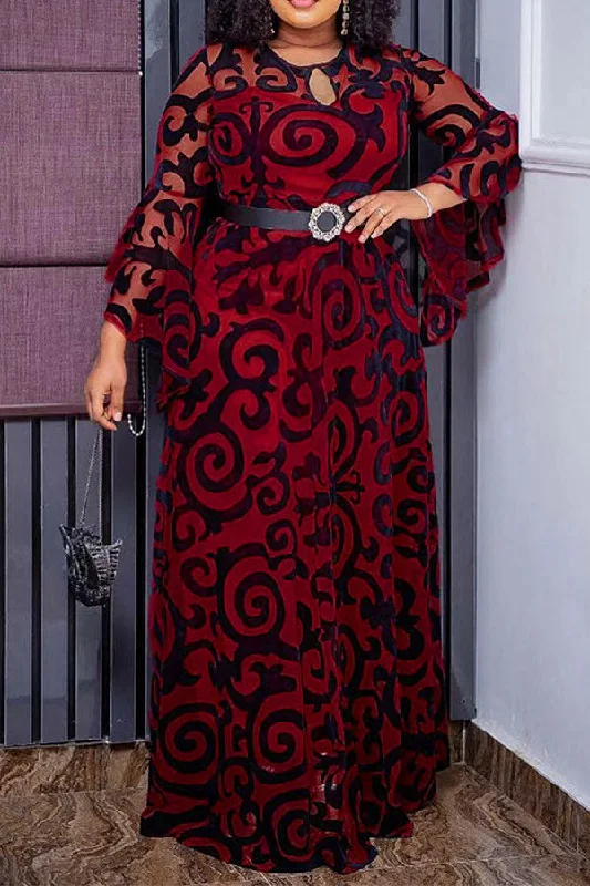 Tribal Print Retro Trumpet Sleeve Maxi Dress Elegant Maxi Dress with Belt
