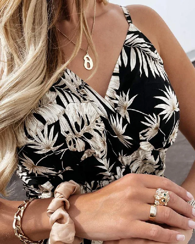 Tropical Print Cami Sleeveless Maxi Dress Stylish Button-Up Maxi Dress