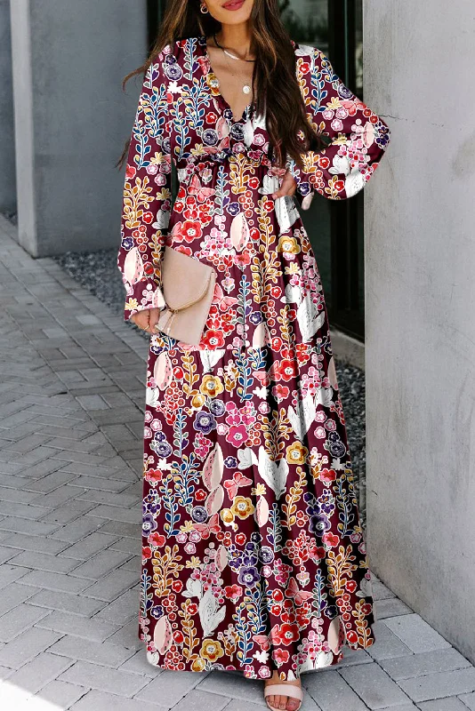 Violet V Neck Floral Print Empire Waist Maxi Dress Stylish Long Sleeve Maxi Dress