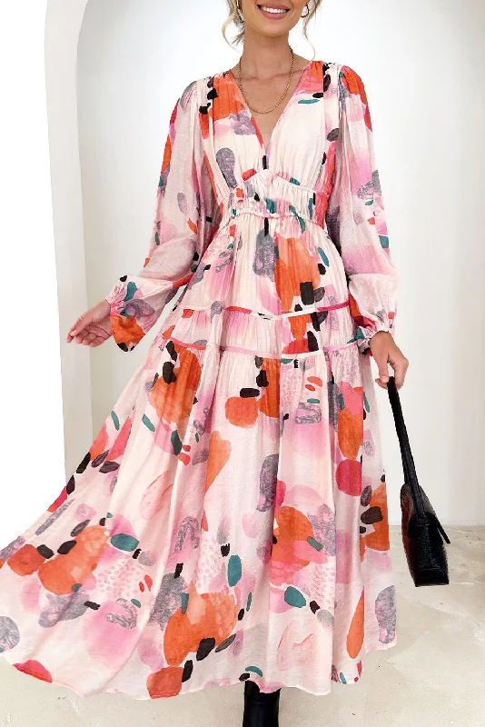 White Abstract Print Pleated High Waist Maxi Dress Comfortable Maxi Dress with Belt