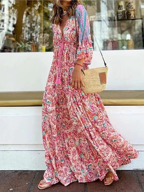 Women's Bohemia Floral V Neck Dress Long Dress Maxi Dress Red 3/4 Length Sleeve Ruched Summer Fall Autumn S M L XL XXL 3XL Classic V-Neck Maxi Dress Women's Bohemia Floral V Neck Dress Long Dress Maxi Dress Red 3/4 Length Sleeve Ruched Summer Fall Autumn S M L XL XXL 3XL Classic V-Neck Maxi Dress