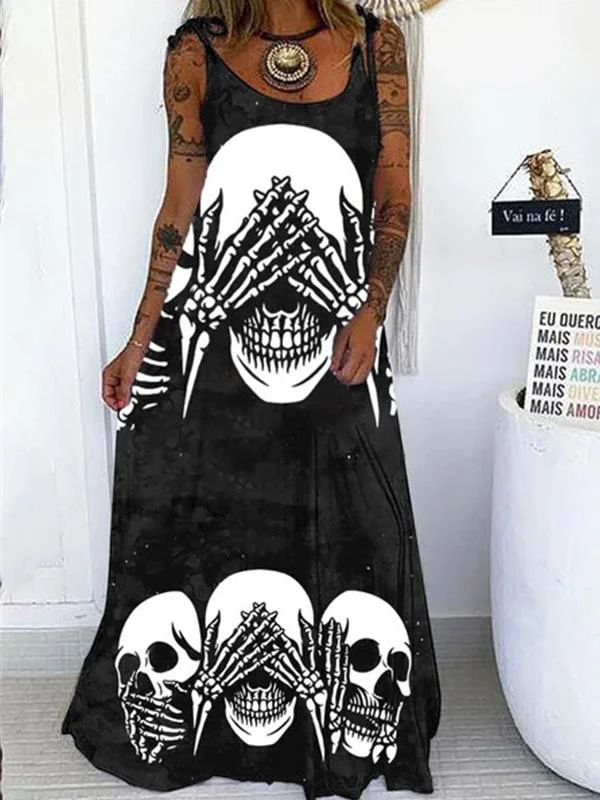 Women's Dresses Skull Print Loose Belted Maxi Dress Chic Button-Up Maxi Dress