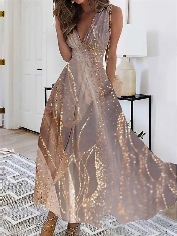 Women's Long Dress Maxi Dress Casual Dress Swing Dress A Line Dress Ombre Marbling Fashion Streetwear Outdoor Daily Date Print Sleeveless V Neck Dress Regular Fit Blue Gold Green Summer Spring S M L Classic Black Maxi Dress