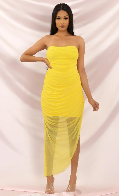 You're Extraordinary Mesh Bandage Draped Neck Bright Yellow Strapless Ruched Side Slit Asymmetric Bodycon Maxi Dress Fashionable Layered Maxi Dress