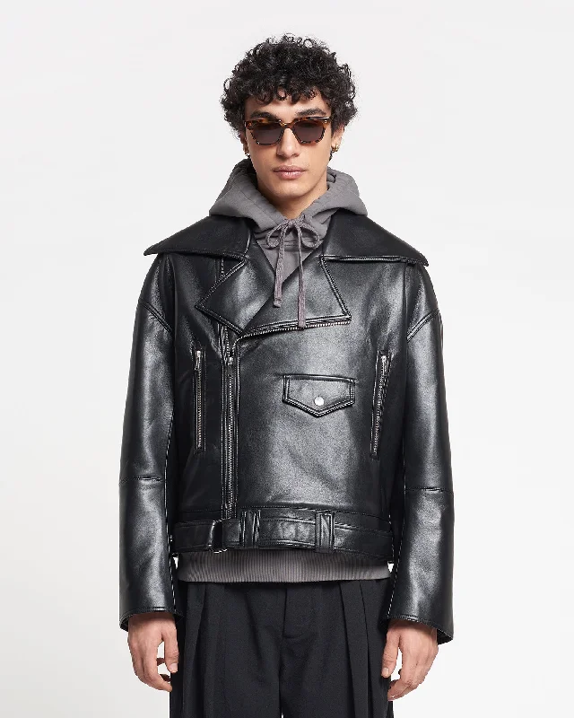 Berti - Regenerated Leather Jacket - Black Fleece Fabric Down Fabric Feather Fabric