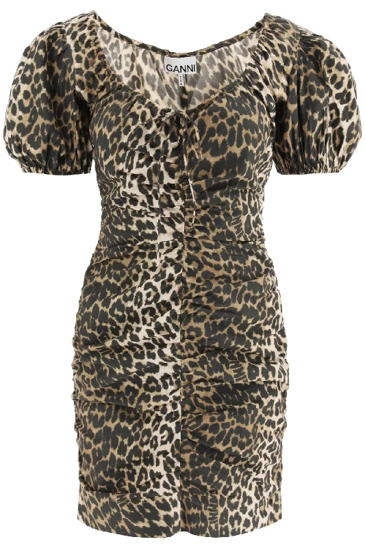 Leopard Poplin Mini Dress  - Beige Modern Satin Mini Dress
