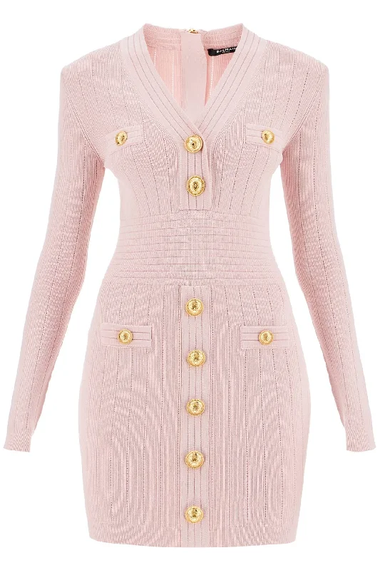 Knitted Mini Dress With Buttons  - Pink Cozy Cowl Neck Mini Dress
