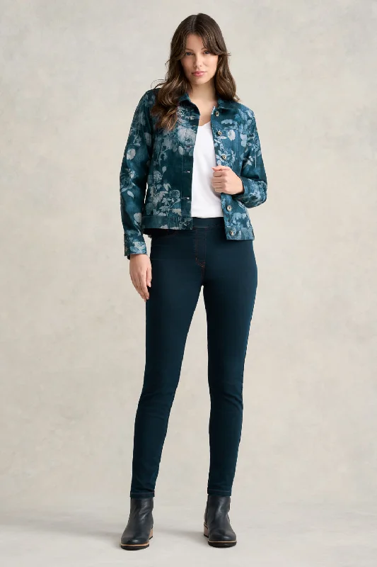 Floral Print Denim Jacket A-Line Jacket Boat Neck Shawl Collar