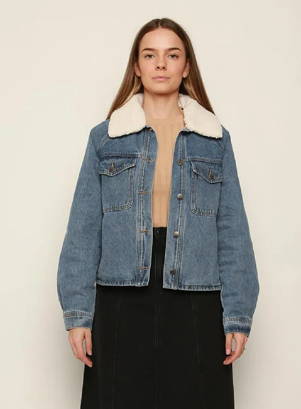 Ava Sherpa Denim Jacket-Mid Blue Belted Jacket Elasticated Jacket Padded Jacket