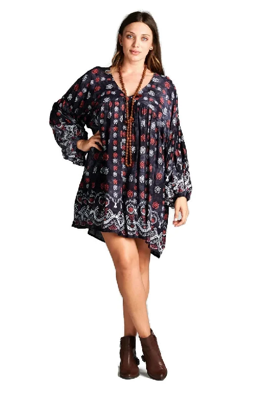 Baby Doll Bohemian Peasant Mini Dress, Black Fashionable Lace-Trim Mini Dress