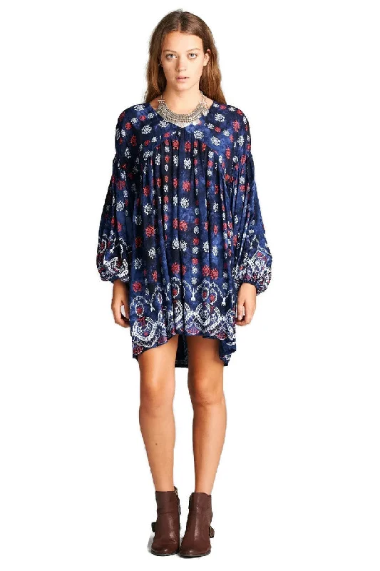 Baby Doll Bohemian Peasant Mini Dress, Blue Comfortable Bodycon Mini Dress