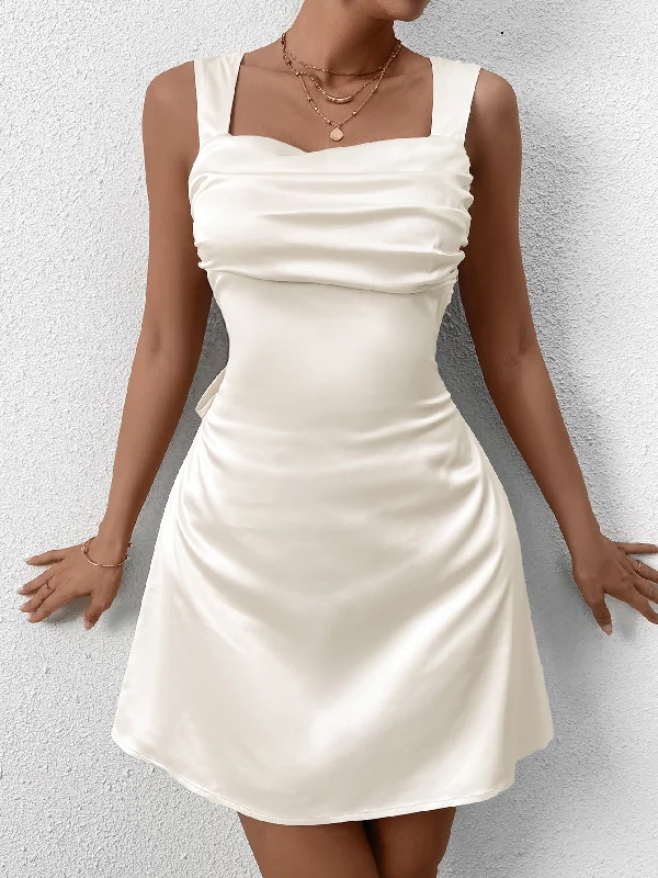 Backless Ruched Tie Back Draped Mini Dress Trendy Button-Detail Mini Dress