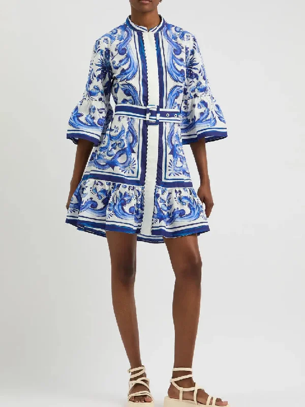 Belted Blue and White Tile Printed Flared Mini Dress Trendy A-Line Mini Dress
