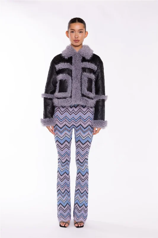 Black Steel-Grey Shearling Trim Cropped-Jacket Wool Jacket Cashmere Jacket Tweed Jacket