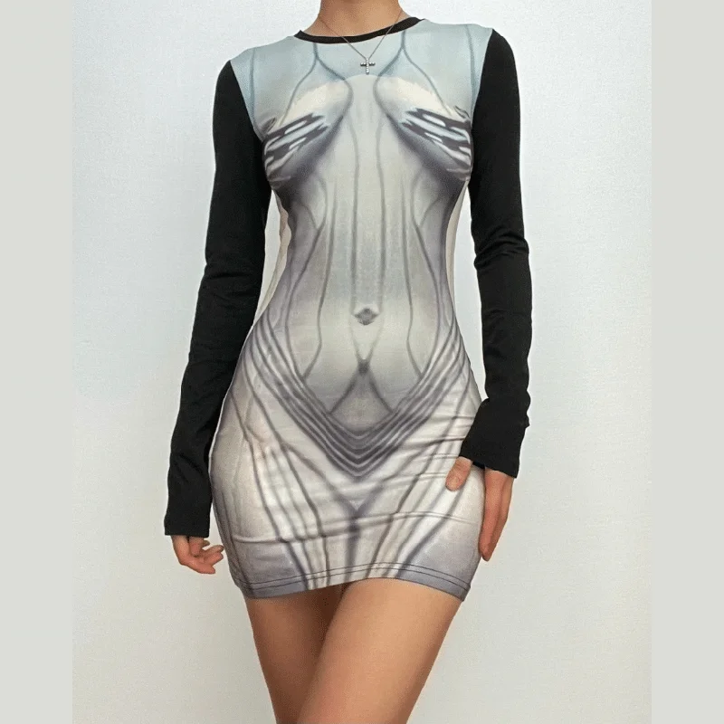 Body print contrast long sleeve round neck mini dress Stylish Puff Sleeve Mini Dress Body print contrast long sleeve round neck mini dress Stylish Puff Sleeve Mini Dress
