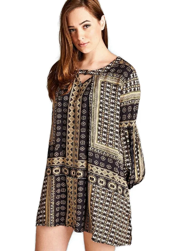 Bohemian Keyhole Mini Dress, Camel Chic Puff Sleeve Mini Dress