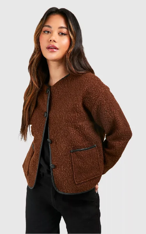 BOUCLE CONTRAST DETAIL JACKET Zippered Front Buttoned Front Snap Front