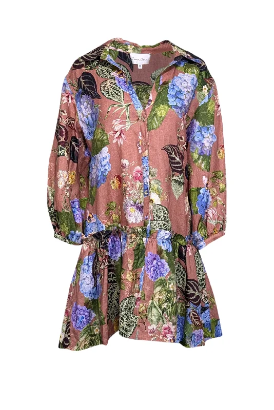 Cara Cara - Caramel Brown w/ Multicolor Floral Print Linen Mini Dress Sz XL Fashionable Polka Dot Mini Dress