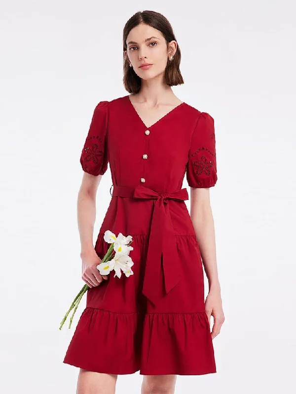 Chili Red Embroidered V-Neck Gathered Waist Mini Dress Comfortable One-Shoulder Mini Dress