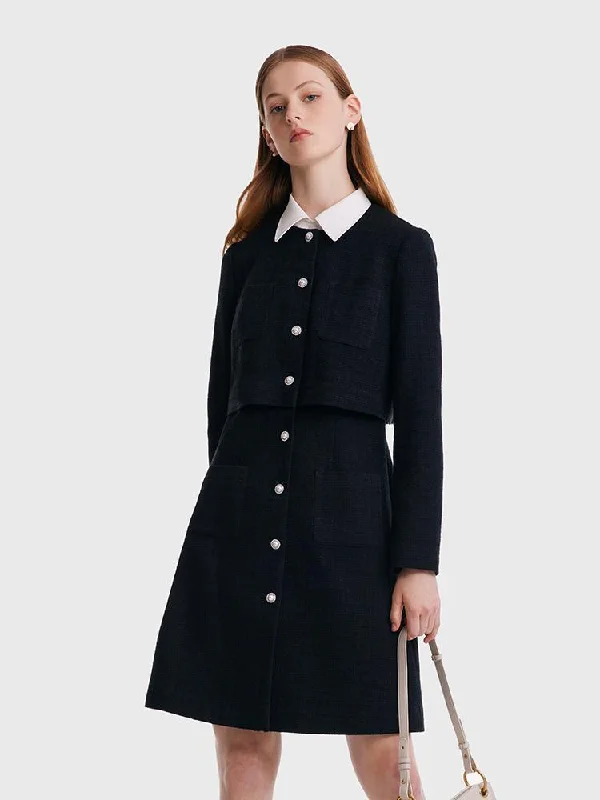 Tweed Fake Two Piece Mini Dress With Detachable Shirt Collar Trendy Button-Detail Mini Dress