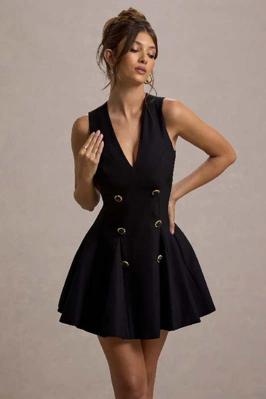 Collette | Black Tailored Plunge-Neck Mini Dress Classic Casual Mini Dress