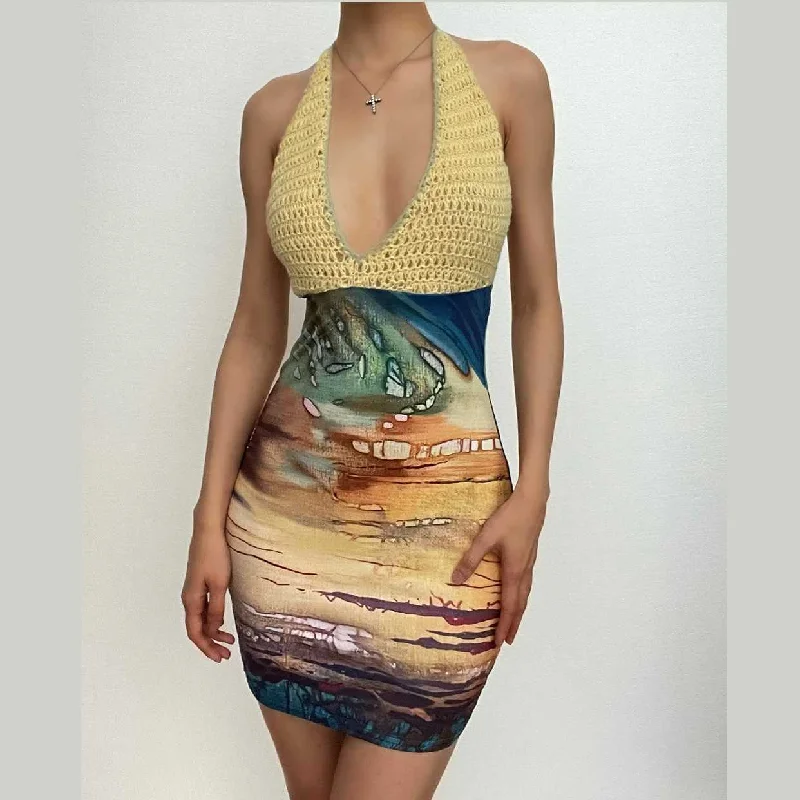 Contrast abstract print halter crochet patchwork v neck mini dress Cozy Knitted Mini Dress Contrast abstract print halter crochet patchwork v neck mini dress Cozy Knitted Mini Dress