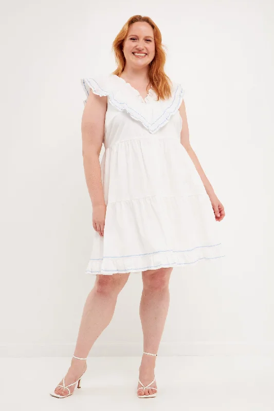 English Factory - Plus Size Contrast Embroidery Ruffled Mini Dress Cozy Satin Mini Dress