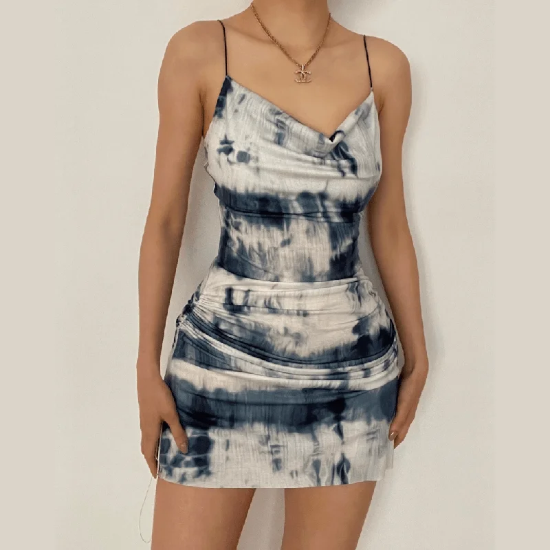 Cowl neck tie dye cami mini dress Comfortable Linen Mini Dress