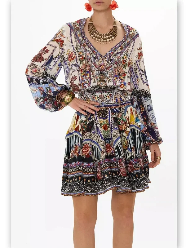 Crystal Embellished Shirred Relaxed Mini Dress with Multicolored Print Comfortable Shift Mini Dress