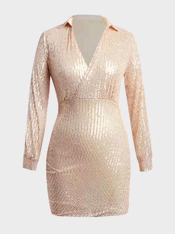 Deep V-Neck Long Sleeve Sequined Mini Dress (Gold) Casual Mini Dress with Pockets