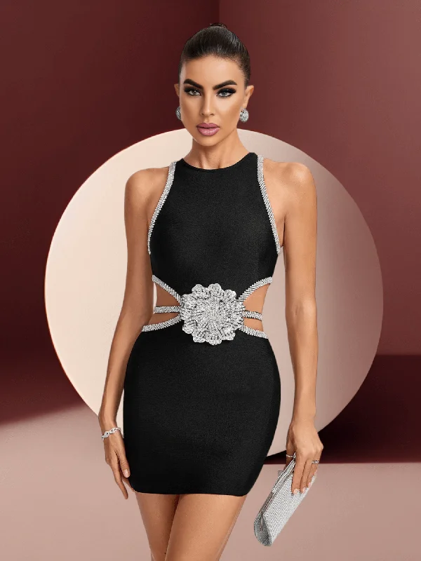 Diamond Flower Cut Out Black Mini Dress Fashionable Party Mini Dress