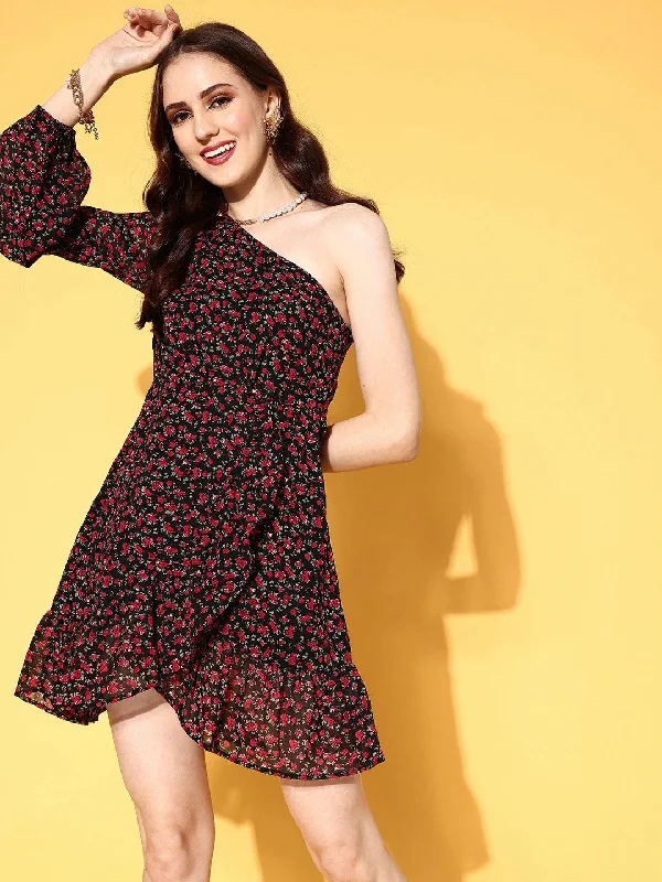 Berrylush Women Black & Red Floral Printed One-Shoulder Neck Tulip Ruffled A-Line Mini Dress Trendy Tie-Dye Mini Dress