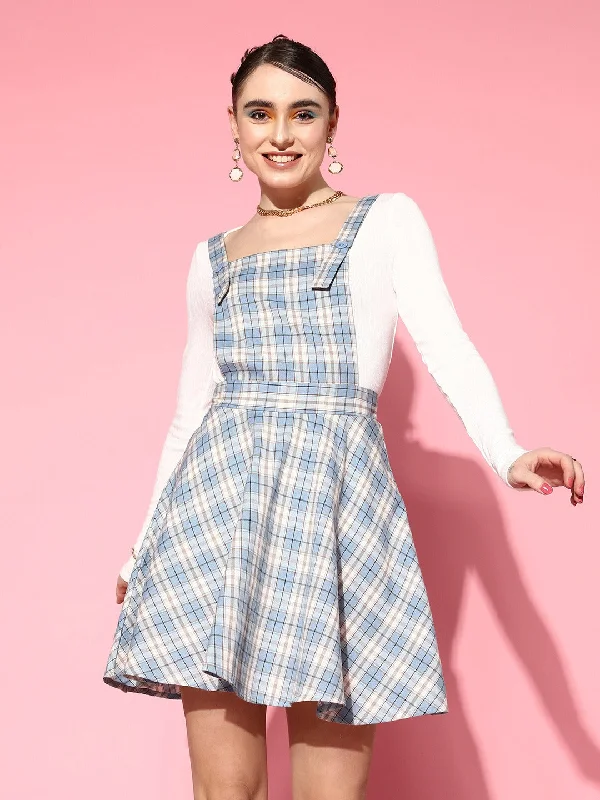 Berrylush Women Blue & White Checked Pattern Square Neck Crepe Button-Up Flared Pinafore Mini Dress Elegant Mini Dress with Pleats