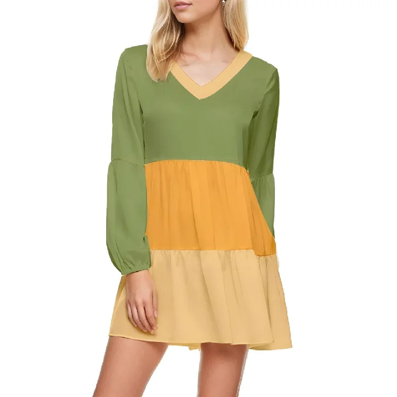 Ebisa Tri-Colored Tiered Tunic Mini Dress Elegant Lace-Up Mini Dress