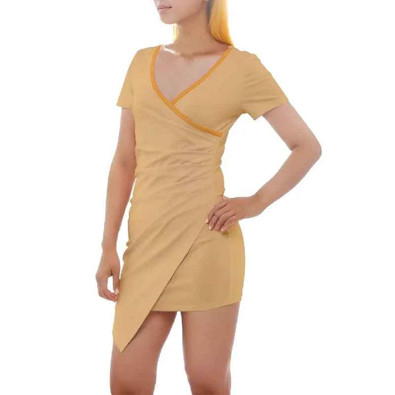 Ebisa Yellow Short Sleeve Asymmetric Mini Dress Trendy Button-Detail Mini Dress