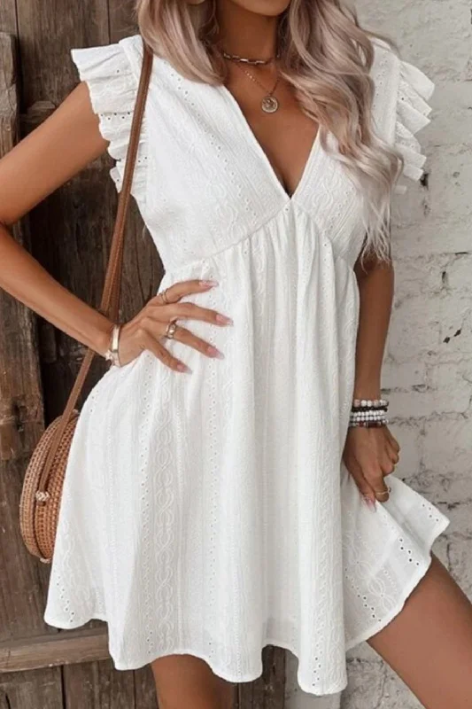 Eyelet Ruffled Cap Sleeve Mini Dress Trendy Wraparound Mini Dress
