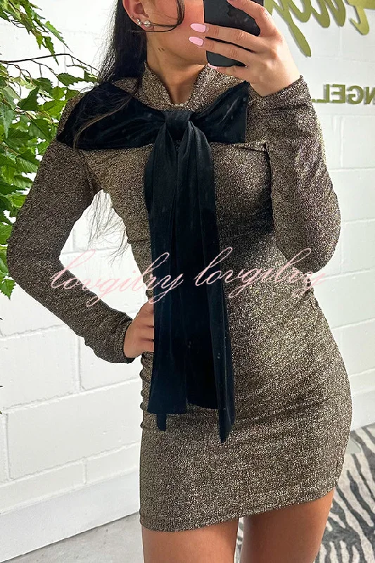 Fashion Sequin Long Sleeve Black Velvet Bow Mini Dress Fashionable Party Mini Dress