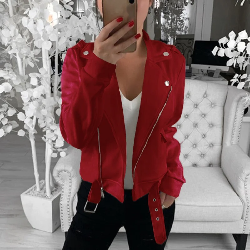 Faux Leather Jacket Motorcycle Coat Women Zipper Outwear With Belt Turn-down Jackets Chaqueta Mujer Jaqueta Feminina 2019 Autumn V-Neck Jacket Boat Neck Jacket Square Neck Jacket