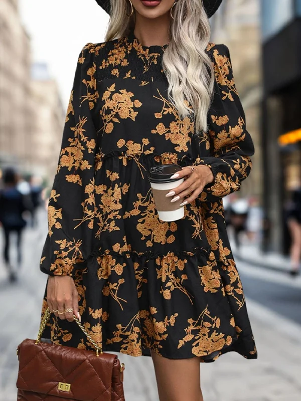 Frill Printed Long Sleeve Mini Dress Elegant Mini Dress with Pleats
