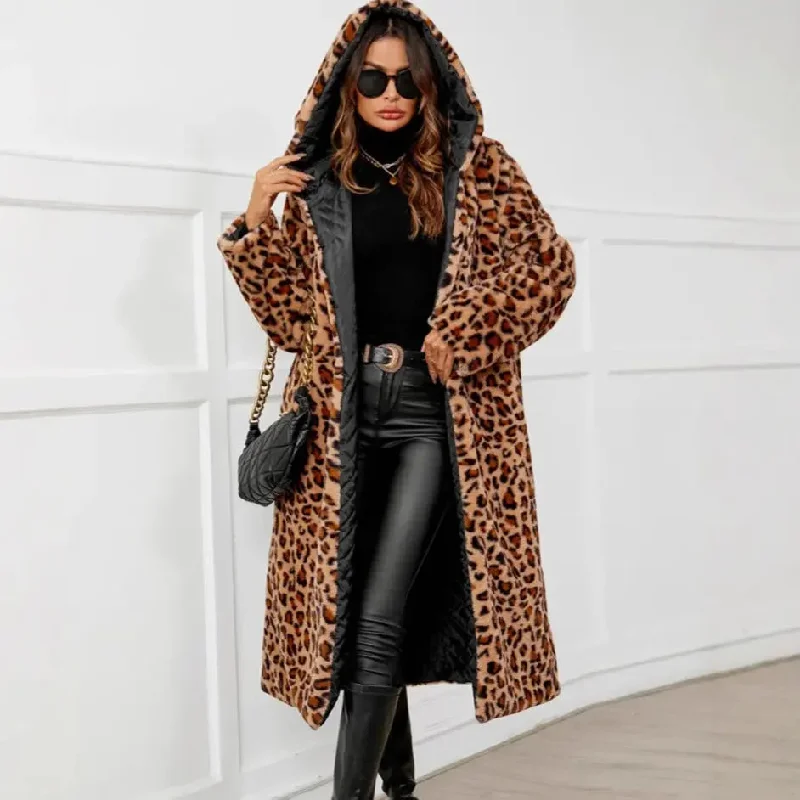 FZ Women's Leopard Print Hooded Faux Fur Trench Coat jacket Insulated Jacket Fitted Jacket Loose Jacket