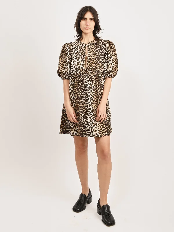 Leopard Printed Cotton Tie String Mini Dress Casual V-Neck Mini Dress