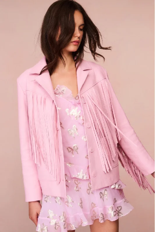 Geraline Leather Fringe Jacket Stand-Up Collar Roll-Neck Collar Turtle Neck