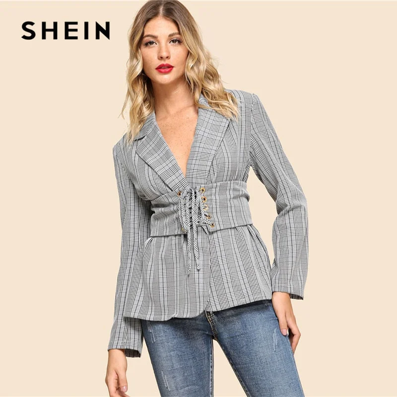 Grey Lace Up Notched Neck Plaid Blazer Casual Elegant Long Sleeve Jacket Bomber Jacket Anorak Windbreaker