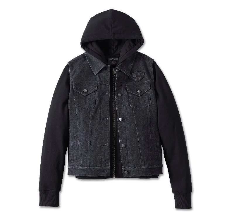Harley-Davidson® Women's Kickstart 3-in-1 Black Denim Jacket - Black Beauty Snapped Jacket Toggled Jacket Drawstring Jacket