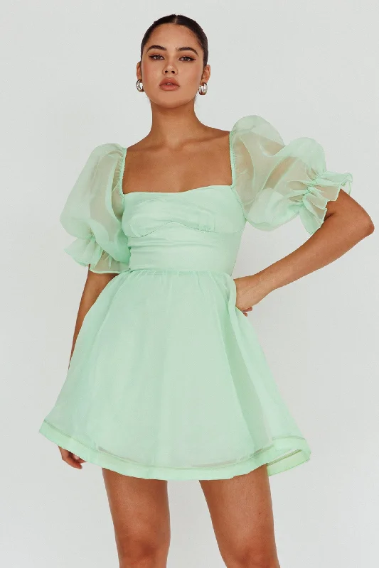I've Got Sunshine Puff Sleeve Mini Dress Mint Trendy Denim Mini Dress