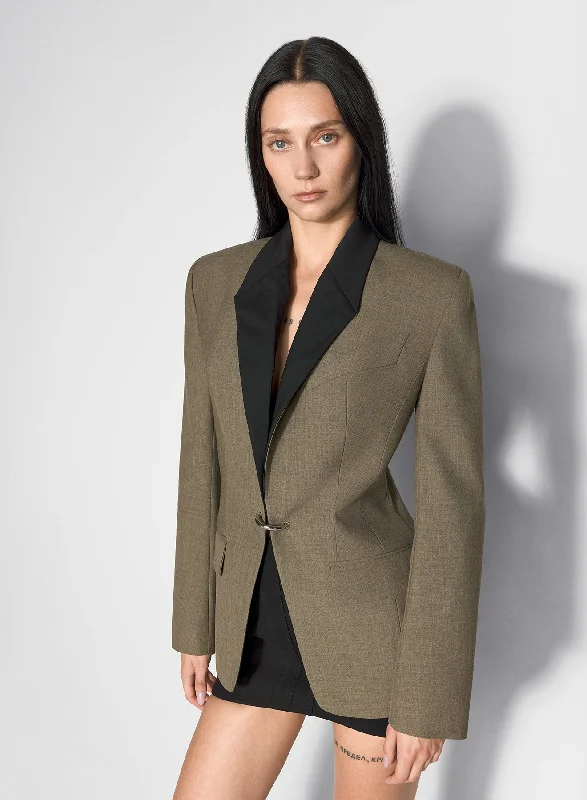 khaki and black pierced tailored jacket Satin Jacket Silk Jacket Chiffon Jacket