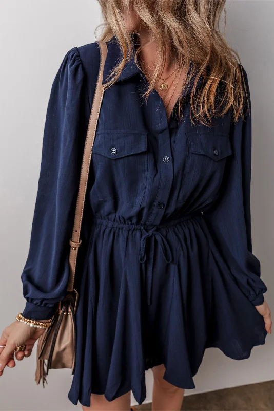 Kim Chest Pockets Tunic Shirt Mini Dress Fashionable Off-Shoulder Mini Dress