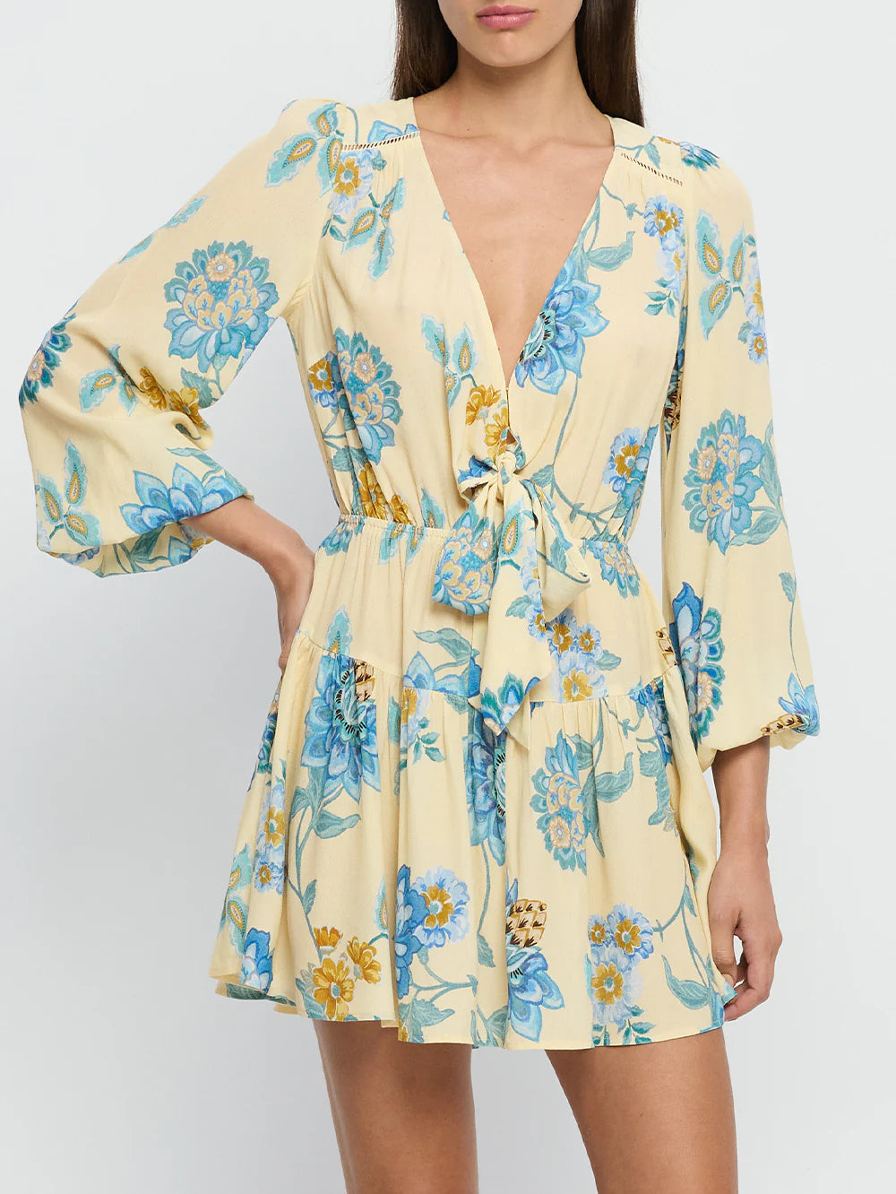 Kivari Giselle Tie Front Mini Dress Comfortable Boho Mini Dress