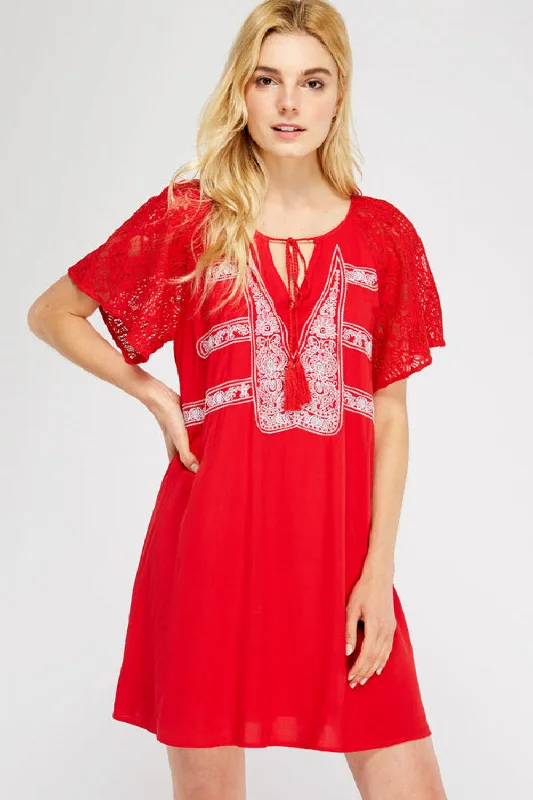 Lace & Embroidered Mini Dress, Red Elegant Vintage Mini Dress