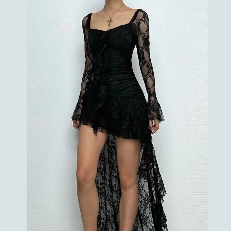 Lace long flared sleeve irregular v neck mini dress Trendy Camisole Mini Dress